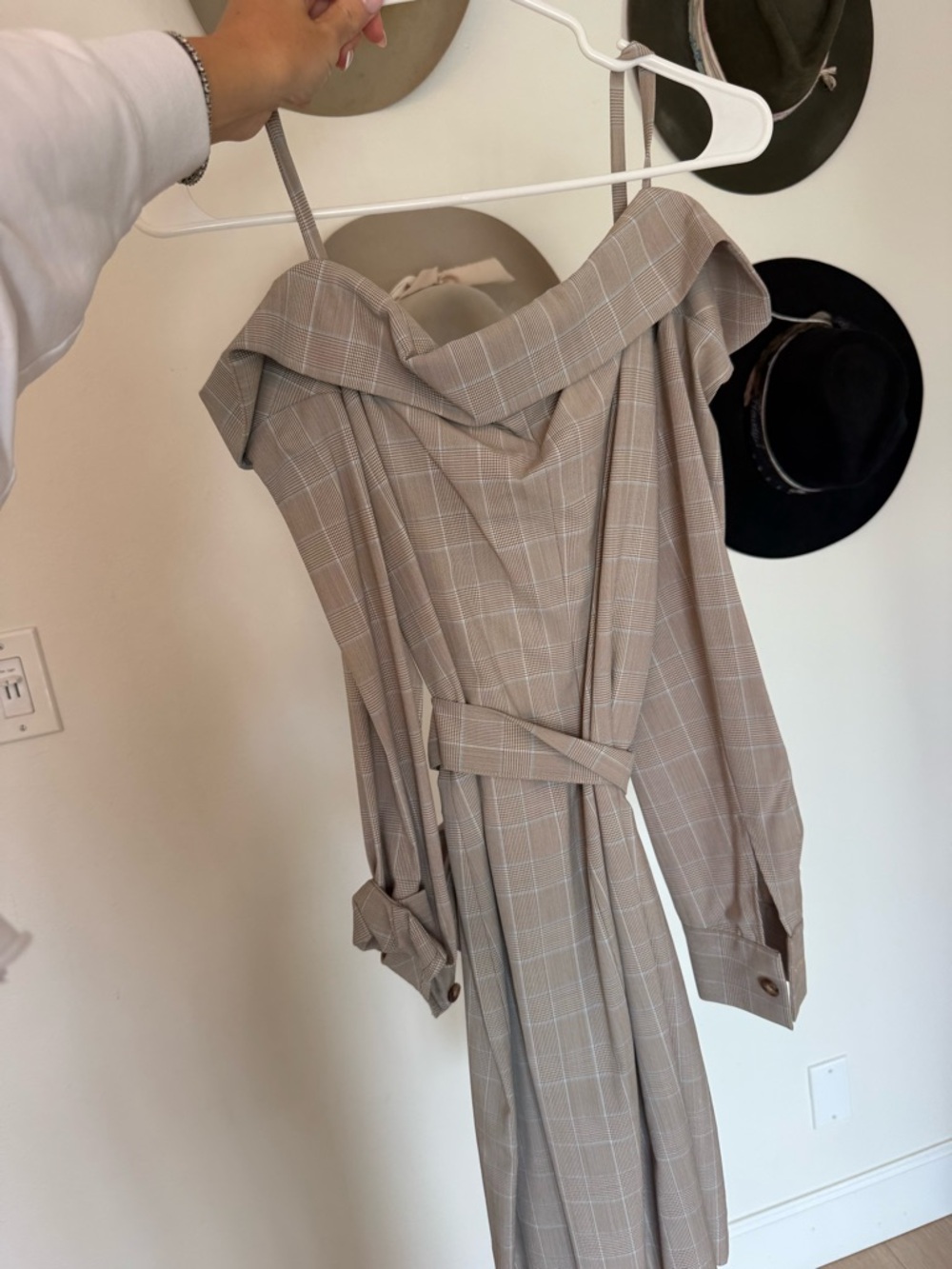 MAJE Beige Plaid One-Shoulder Midi Dress - Picture 3 of 3
